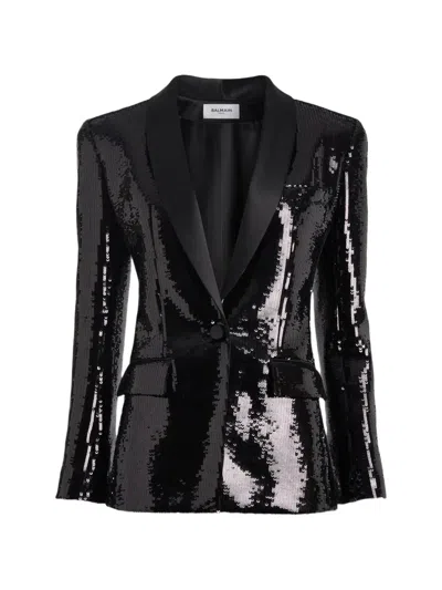 BALMAIN 1-BUTTON SATIN JACKET WITH SEQUINS