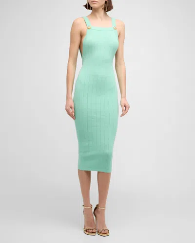 Balmain 2-button Backless Pointelle Rib Knit Midi Dress In Lt Green