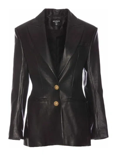 Balmain Leather Blazer Jacket In Black