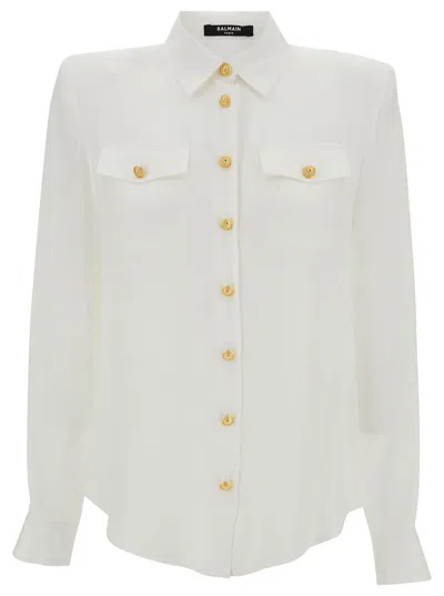 Balmain 2 Pkts Crepe De Chine Buttoned Shirt In White