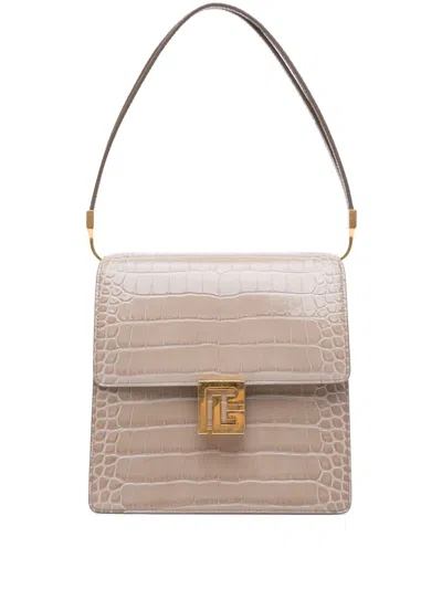 Pre-owned Balmain 2010-2024 Embossed Leather Ely Shoulder Bag In Brown