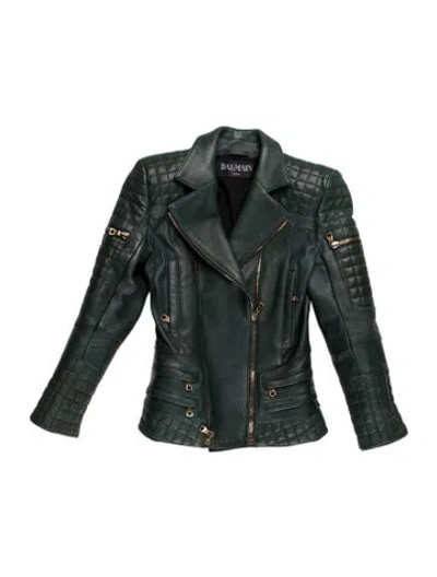 Pre-owned Balmain 2010's Lamb Leather Biker Jacket In Green