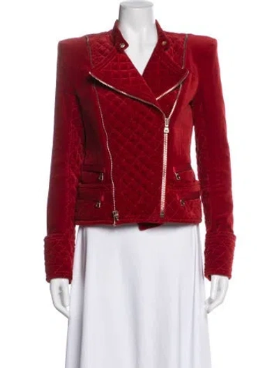 Pre-owned Balmain 2010's Velvet Biker Jacket In Red