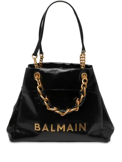 Pre-owned Balmain 2010-2026 Embossed Crackled Calfskin 1945 Soft Tote Bag In Black