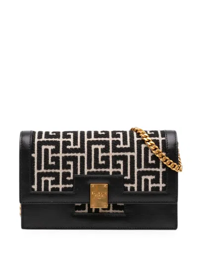 Pre-owned Balmain 2010-2026 Mini Leather Trimmed Monogram Jacquard 1945 Heritage Crossbody Bag In Black