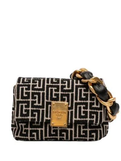 Pre-owned Balmain 2010-2026 Mini Monogram Jacquard 1945 Crossbody Bag In Black
