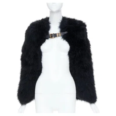 Pre-owned Balmain 2014 Black Turkey Feather Leather Buckle Collar Cape Shrug Bolero Fr38 M