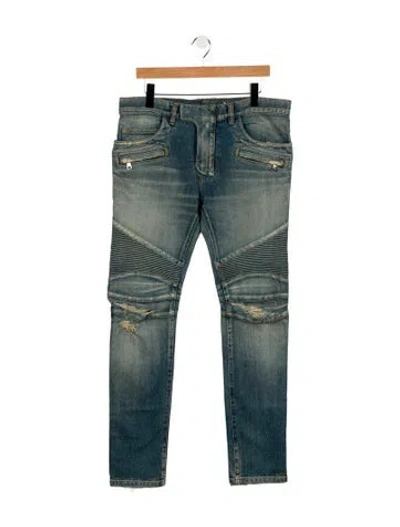 Pre-owned Balmain 2014 Moto Jeans In Blue