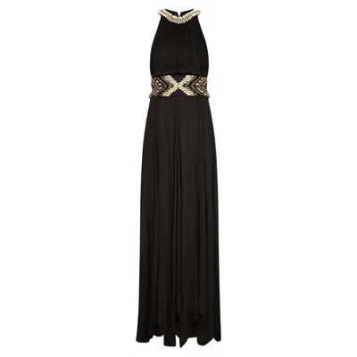 Pre-owned Balmain 2015  Cream And Gold Beaded Black Jersey Maxi-dress In White