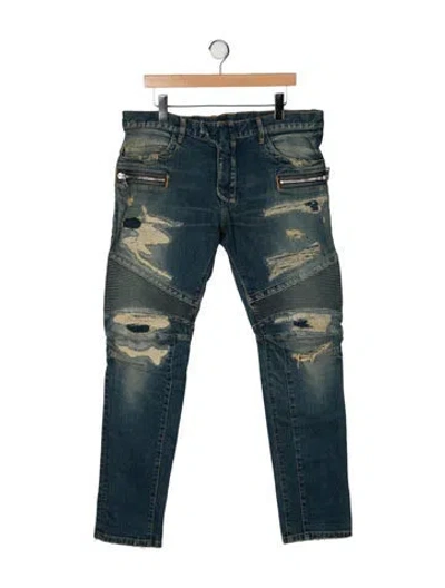 Pre-owned Balmain 2015 Moto Jeans In Blue