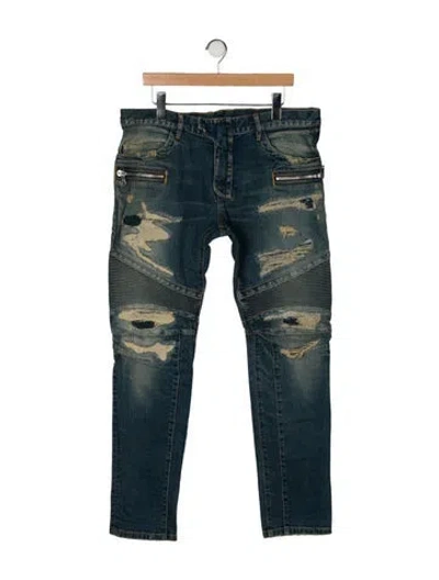 Pre-owned Balmain 2015 Moto Jeans In Blue