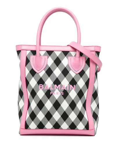 Pre-owned Balmain 2020-2024 Canvas Checkered B-army 26 Shopping Satchel In White
