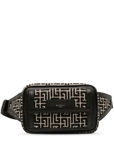 Pre-owned Balmain 2020-2025 Monogram Leather Trimmed Jacquard Belt Bag In Brown