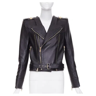 Pre-owned Balmain 2020 Lambskin Leather Asymmetric Belted Perfecto Biker Jacket Fr34 Xs In Black