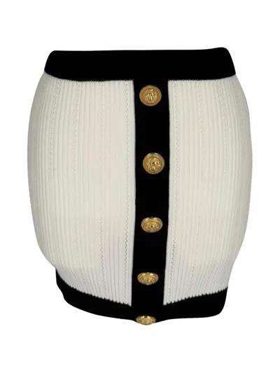 Pre-owned Balmain 2020s Button-embellished Ribbed-knit Mini Skirt In White