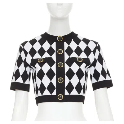 Pre-owned Balmain 2022 Harlequin Diamond Check Gold Lion Buttons Short Sleeve Crop Sweater In Gray