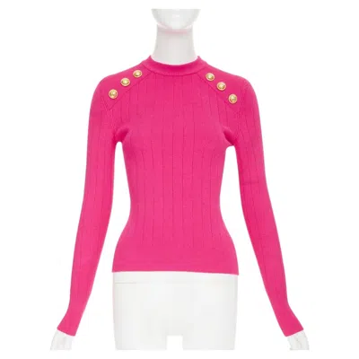 Pre-owned Balmain 2022 Hot Fuschia Viscose Gold Buttons Ribbed Crew Pullover Sweater Fr36 In Pink