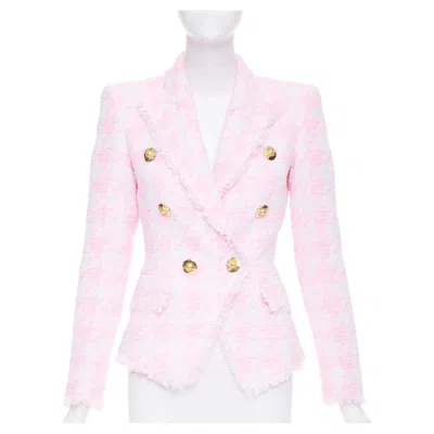 Pre-owned Balmain 2022 Pink Houndstooth Frayed Tweed Double Breasted Fitted Blazer Fr34 Xs