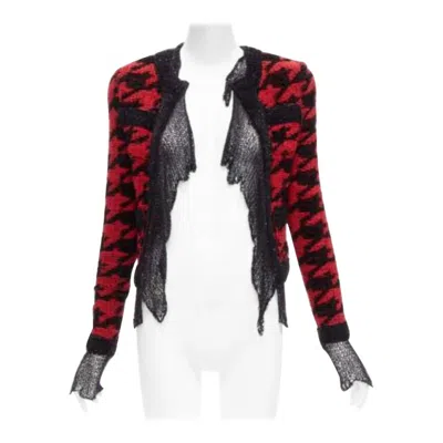 Pre-owned Balmain 2022 Red Black Houndstooth Destroyed Pointelle Knit Mesh Jacket Fr34 Xs