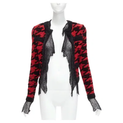 Pre-owned Balmain 2022 Red Black Houndstooth Destroyed Pointelle Knit Mesh Jacket Fr34 Xs