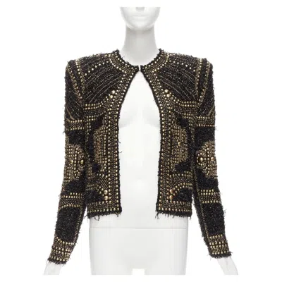 Pre-owned Balmain 2022gold Black Boucle Tweed Gold Studded Power Shoulder Jacket Fr34 Xs