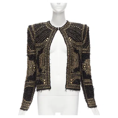 Pre-owned Balmain 2022gold Black Boucle Tweed Gold Studded Power Shoulder Jacket Fr34 Xs