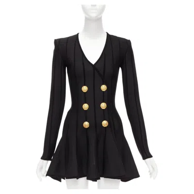 Pre-owned Balmain 2023 Black Striped Chenille Gold Lion Button Mesh Mini Dress Fr34 Xs