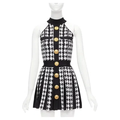 Pre-owned Balmain 2023 Black White Houndstooth Gold Lion Button Halter Mini Dress Fr34 Xs