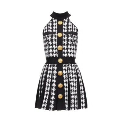Pre-owned Balmain 2023 Black White Houndstooth Gold Lion Button Halter Mini Dress Fr34 Xs