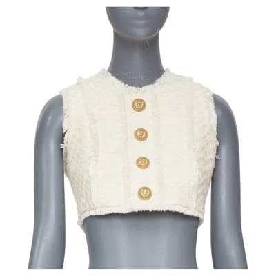 Pre-owned Balmain 2023 Fringe Tweed Lion Button Sleeveless Crop Cropped Gilet Blouse Vest In Gray