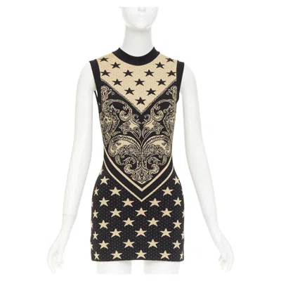 Pre-owned Balmain 2023 Noir Star Baroque Paisley Print Intarsia Knit Mini Dress Fr36 S In Beige