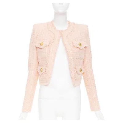 Pre-owned Balmain 2023 Pink Collarless Frayed Hem Four Pocket Cropped Tweed Outerwear Fr34