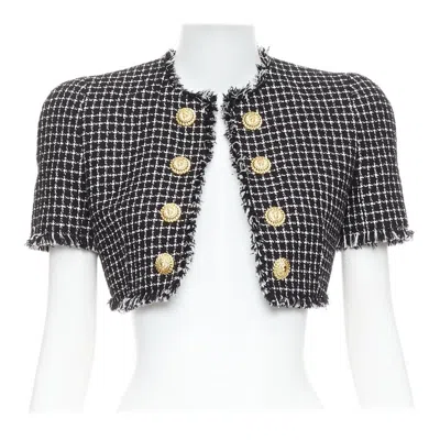 Pre-owned Balmain 2024 Black White Tweed Lionhead Buttons Cropped Jacket Fr34 Xs