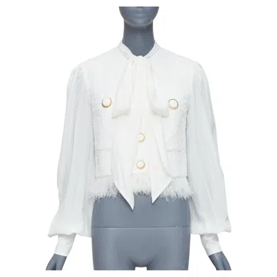 Pre-owned Balmain 2024 Cream Tweed Silk Sleeves Gold Lion Buttons Feather Jacket Fr36 S In White