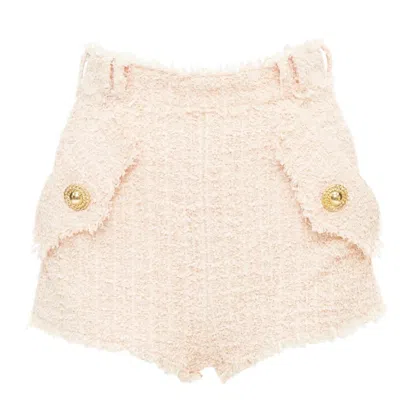 Pre-owned Balmain 2024 Fringe Lion Head Button High Waist Cotton Boucle Tweed Shorts Fr34 In White