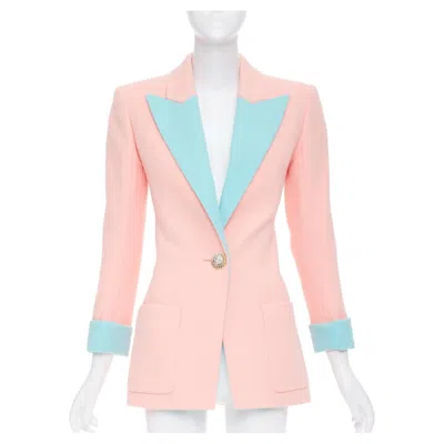 Pre-owned Balmain 2024 Runway Pink Blue Wool Crepe Hourglass Fitted Power Blazer Fr34 Xs