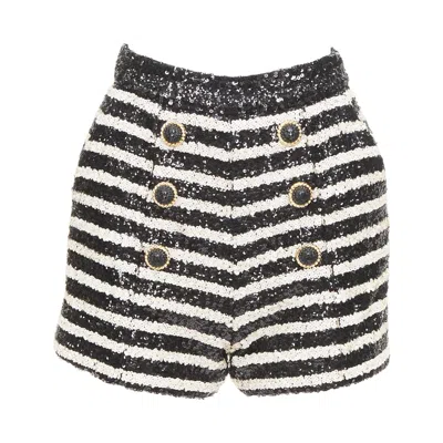 Pre-owned Balmain 2024 Stripe Sequin Gold Lion Button High Waist Hot Shorts Fr34 Xs In Black