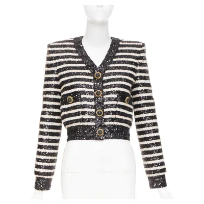 Pre-owned Balmain 2024 Stripe Sequined Vneck Lion Button Crop Evening Blazer Jacket Fr34 In Gray