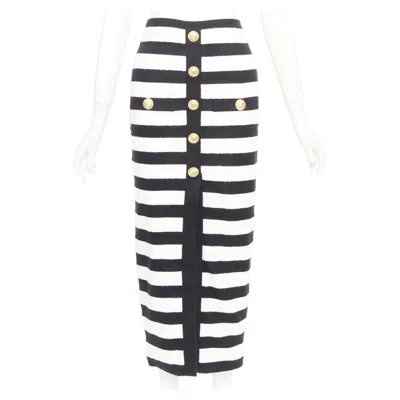 Pre-owned Balmain 2024 Stripe Two Tone Lion Button Front High Waist Knit Pencil Midi Skirt In Black