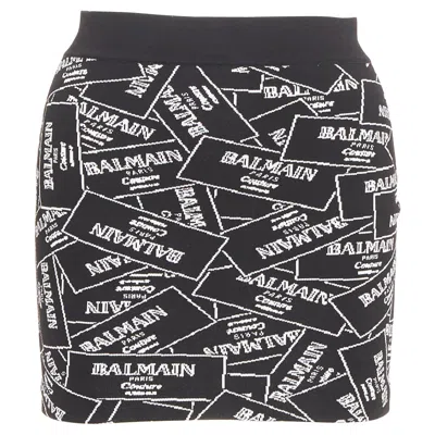 Pre-owned Balmain 2025 Label Jacquard Knit Black White Logo Box Intarsia Mini Skirt Fr34