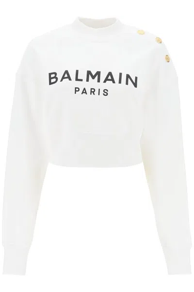 Balmain Women Logo Organic Cotton Cropped Sweatshirt In White