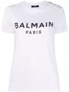 Balmain White Crewneck T-shirt With Logo Print And Golden Buttons In Jersey Woman