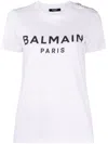 Balmain White Crewneck T-shirt With Logo Print And Golden Buttons In Jersey Woman In White