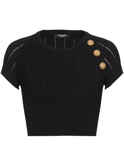 BALMAIN 3-BUTTON KNITTED CROP TOP