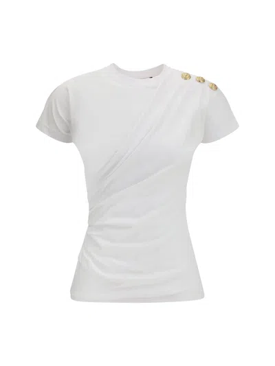Balmain Cotton T-shirt With Button Detail And Draped Design In White