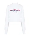 Balmain 3-button Flocked Logo-print Crop Sweatshirt In White