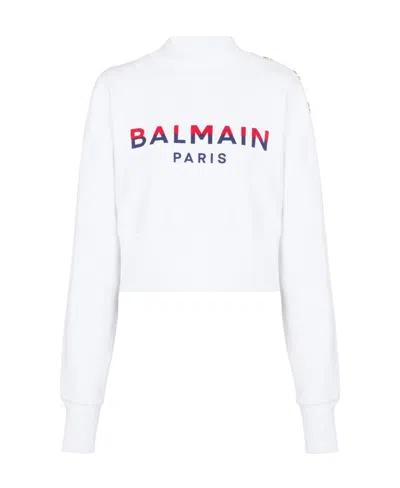 Balmain 3-button Flocked Logo-print Crop Sweatshirt In White