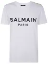 Balmain White Crewneck T-shirt With Logo Print And Golden Buttons In Jersey Woman