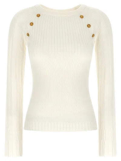 Balmain Crew Neck Sweater Gold Button Detail In Neutral