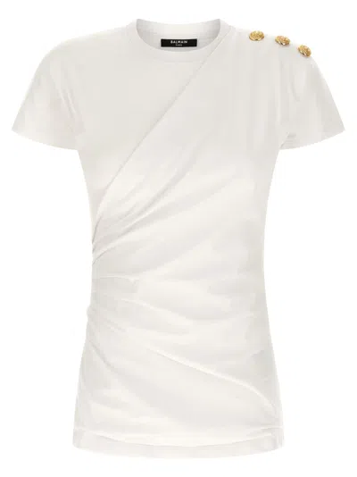 Balmain Cotton T-shirt With Button Detail And Draped Design In White